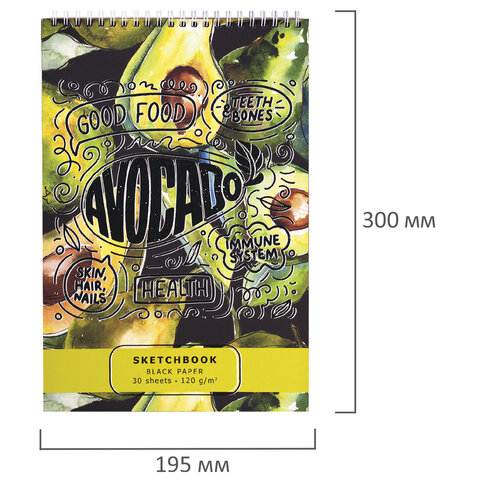 Скетчбук 30л., А4, ПЗБФ Премиум "Спелый авокадо", чёрн. бум., 120г/м2. (097644)