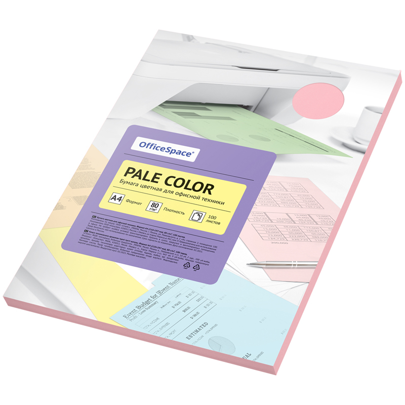 Бумага цветная А4 100л. OfficeSpace "Pale Color" 80г/м2, розовый PC_38235