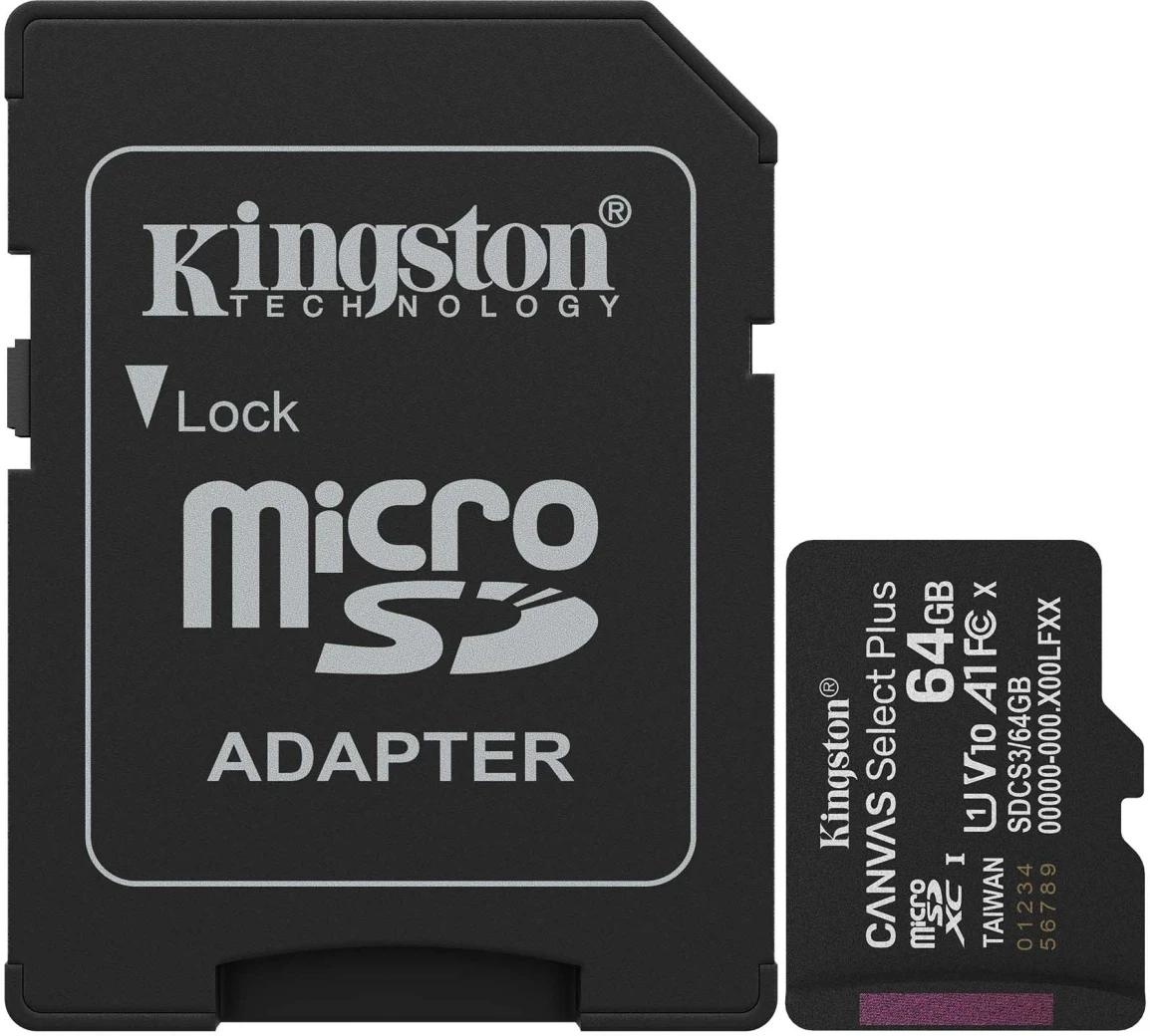 Карта памяти MicroSDXC 64Gb Kingston Class10 UHS-I V10 [SDCS3/64GB](SD адаптер)
