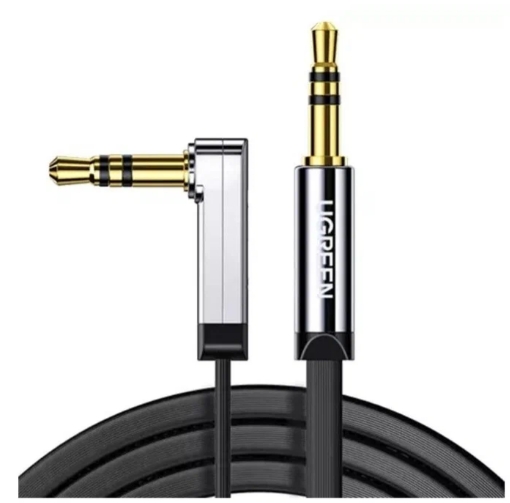 Кабель_аудио 3.5дж-3.5дж - _3м соединитель UGREEN AV119 (10599) угловой, плоский, черный, оплетка