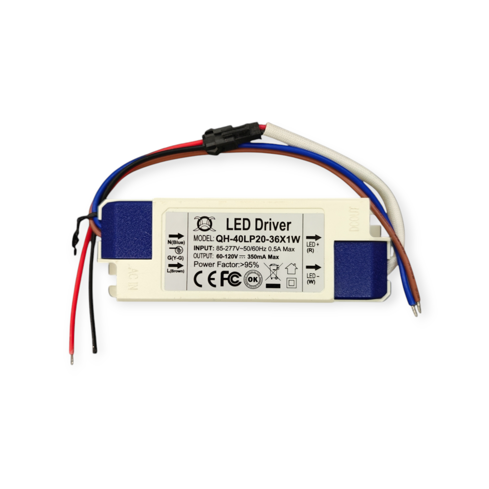 Драйвер светодиодный (LED)  350мА, 60..120в, 36вт, IP20, 114*42*29мм, QH-40LP20-36X1W