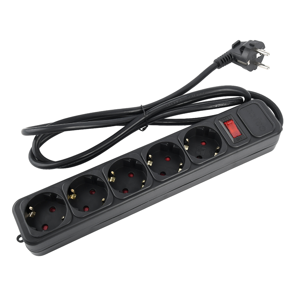 Сетевой фильтр  1.8м, 5 розеток Perfeo, REAL POWER, 16А, 3500Вт, с выключателем, тройная защита, черный