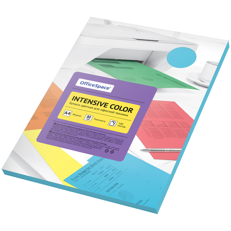 Бумага цветная А4 100л. OfficeSpace "Intensive Color" 80г/м2, голубой IC_38226