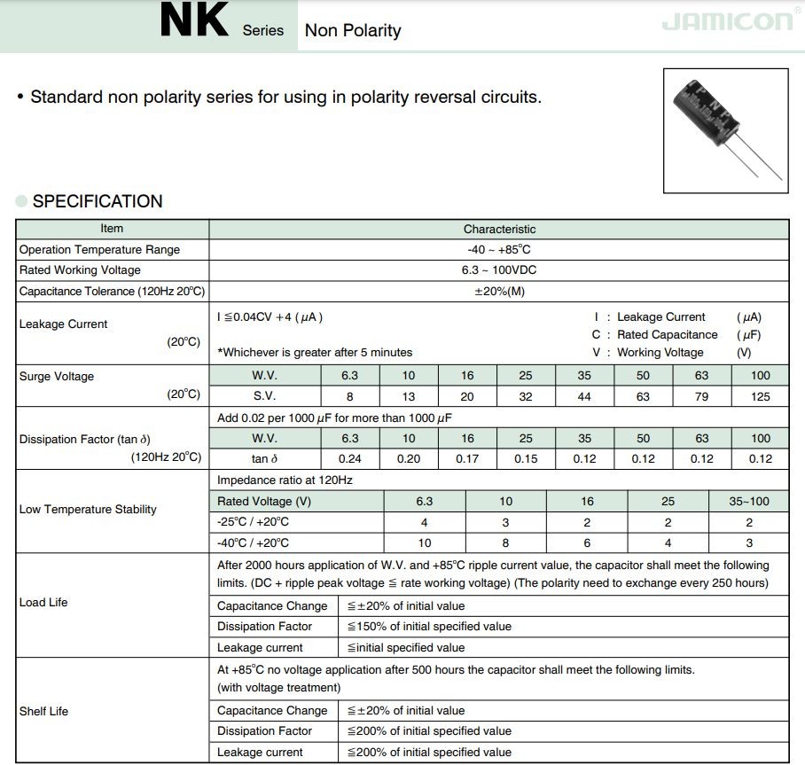 Конденсатор электролитический неполярный  33мкф,  16в, Jamicon, NK, 85C, 5*11