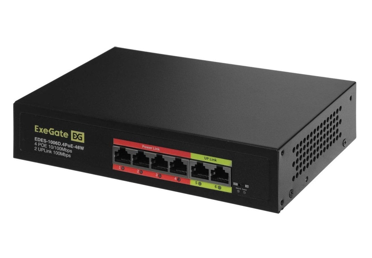 Коммутатор ExeGate EDES-1006D.4PoE-48W 6-port 10\100_Mbps 4 порта 802.3af (PoE) мощность PoE: 25W, суммарно 48W