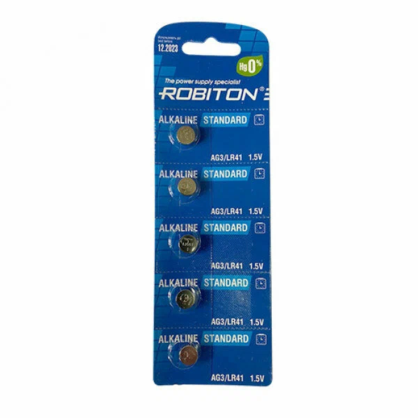 Батарейка AG3 (LR41, LR736, 192), 1.5в, Robiton,  упак. 5шт