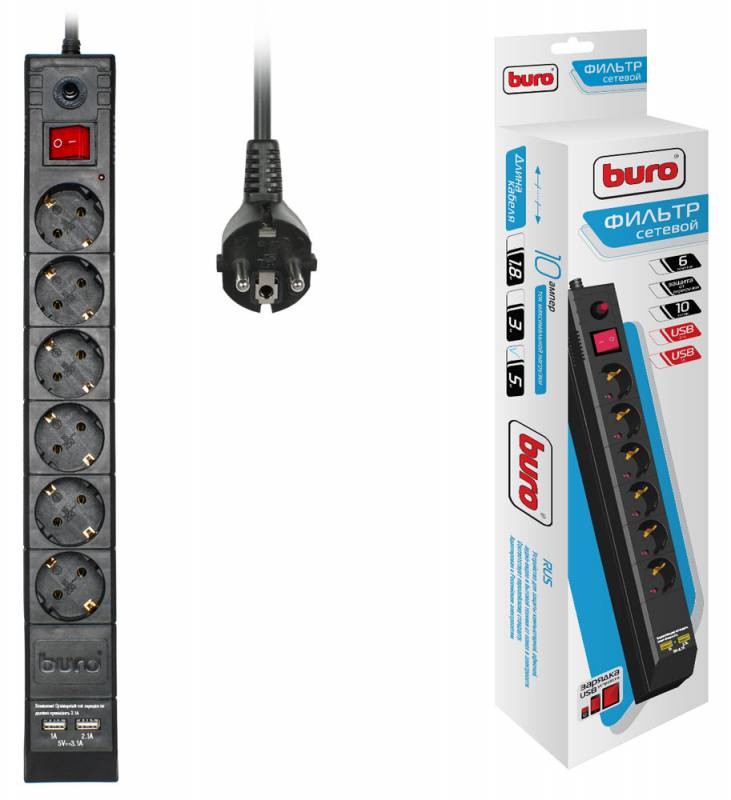 Сетевой фильтр  5.0м, 6 розеток Buro, BU-SP5_USB_2A-B, 10А, 2200Вт, с выключателем, черный, коробка