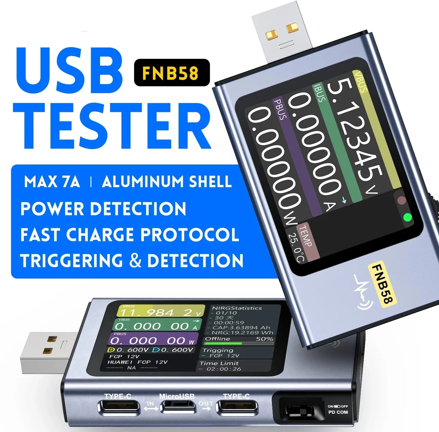 USB тестер Fnirsi FNB58, 4-28В, 0-7А, QC4, PD3.0, FCP, SCP, AFC, VOOC/WARP, SVOOC 2.0, Bluetooth