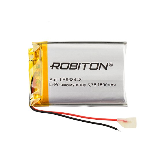 Аккумулятор Li-Pol 3.7в,  1500мАч, 9.6*34*48мм, контроллер, 2 провода, Robiton 963448
