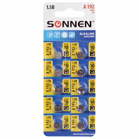 Батарейка AG3 (LR41, LR736, 192), 1.5в, SONNEN,  1шт  455603