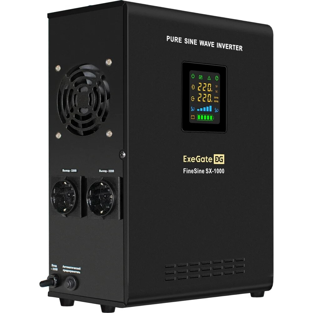 ИБП ExeGate FineSine SX-1000.LCD.AVR.2SH 1000VA/600W, LCD-дисплей, AVR, 2*Schuko + АКБ ExeGate HRL 12-75 1 шт. (EX295997RUS+EX285653RUS)