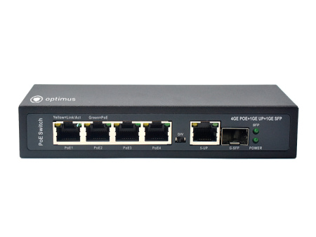 Коммутатор Optimus U1E-4G/1G/1S 4 порта 1Гбит/с RJ-45, PoE+, 1 порт 1Гбит/с Uplink, 1 порт 1Гбит/с S