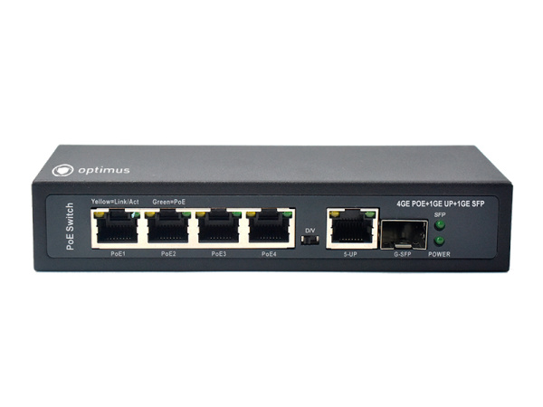 Коммутатор Optimus U1E-4G/1G/1S 4 порта 1Гбит/с RJ-45, PoE+, 1 порт 1Гбит/с Uplink, 1 порт 1Гбит/с S
