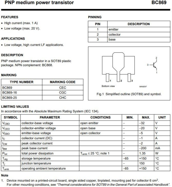 транзистор BJT BC869 20V 2A PNP SOT89 140Mhz 1350mW