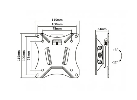 Кронштейн ITECHmount LCD100T черный настенный,для тв,13-27",до 25кг,от стены 34мм,с функцией наклона +3°~-12°,VESA: 75x75, 100x100 мм
