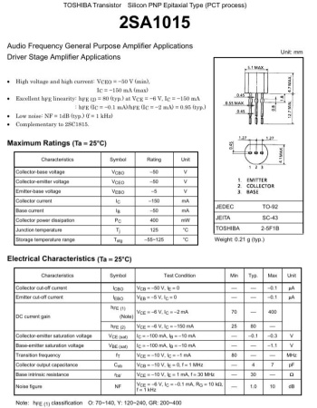 транзистор BJT 2SA1015 (mark A1015) 50V 0.15А PNP TO92 80Mhz 0.4W
