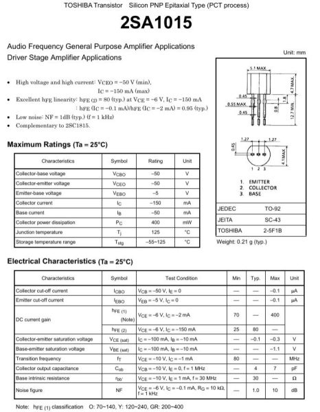 транзистор BJT 2SA1015 (mark A1015) 50V 0.15А PNP TO92 80Mhz 0.4W