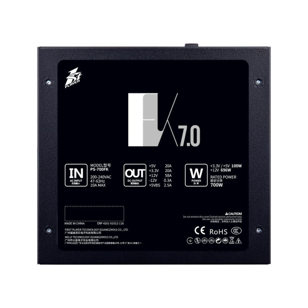 Блок питания 700Вт 1STPLAYER FK 700W (APFC,120мм,2PCI,6SATA)[PS-700FK]