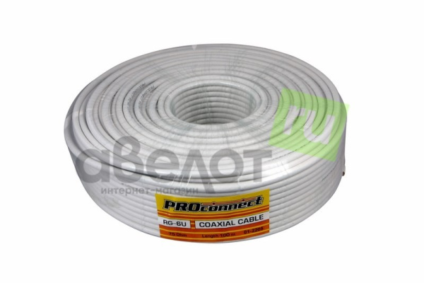Кабель коаксиальный 75Ом, OD6.8мм, внутр., PVC CCS/Al/Al 48%, бухта 100м, PROconnect RG-6U 01-2205