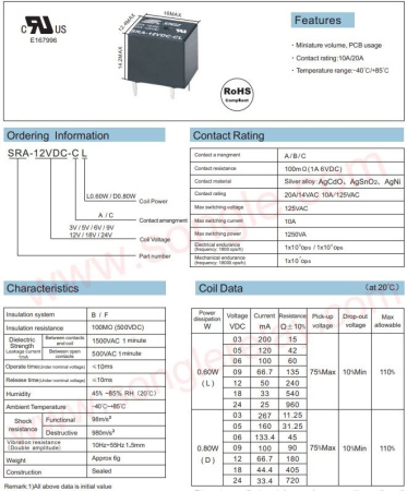 Реле электромагнитное DC 12в, 20а, SPDT, 15.5*12.3*14мм, Songle (T74) SRA-12VDC-CL