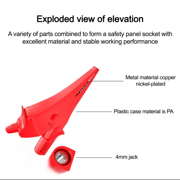 Зажим крокодил 85мм, 32а, гнездо под разъём Banana, красный, Cleqee P60073