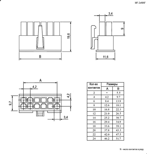 Разъем штыревой P4.2мм MF  2* 2pin, гнездо на кабель, MF-2x2F аналог Molex Mini-Fit 5557