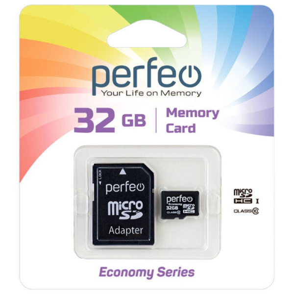 Карта памяти MicroSDHC 32Gb Perfeo Class10 economy series [PF32GMCSH10AES] (SD адаптер)