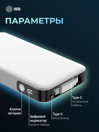 Аккумулятор внешний 10000_mAh Cactus CS-PBFSPA-10000 22.5W 4.5A 2xUSB-C белый