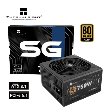 Блок питания 750W/ Power Supply Thermalright, 750W 80+ Gold (ATX, 3.1, PCIe 5.1, Non-modular, 1x24(20+4)pin, 1xCPU 8(4+4)pin, 2xPCIe*2 8(6+2)pin, 5xSATA3, 1x12+4pin (12VHPWR PCIe 5.1 12+4pin 600mm), 3xMOLEX4pin, Active, 120x120mm, 150x140x86mm, APFC, blac
