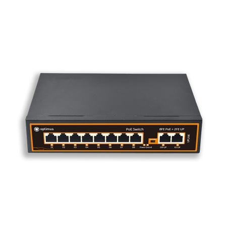 Коммутатор Optimus U1E-8F/2F (12-24V) 8 портов 10/100 Мбит/с,PoE+, 2 порта 10/100 Мбит/с,Uplink, PoE бюджет до 120 Вт