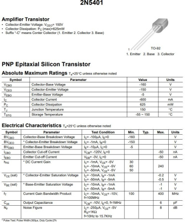 транзистор BJT 2N5401 150V 0.6А PNP TO92 100Mhz