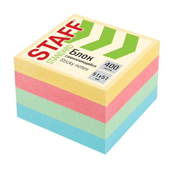 Блок самоклеящийся STAFF 51*51мм. 400 листов, 5 пастельных цветов (116585)
