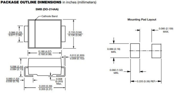 Диод защитный (TVS, супрессор) Vr= 22, Vbr=24.4..26.9, однонаправленный, 600вт, SMD SMB, SMBJ22A