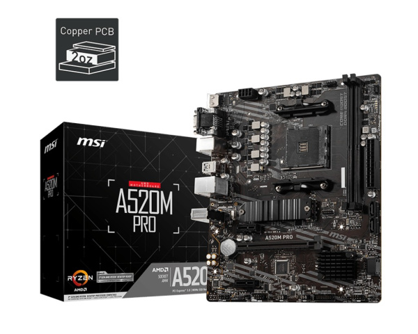 Мат.плата SocAM4 AMD A520 MSI A520M PRO (mATX,2DDR4,M.2,2PCI-E,VGA,HDMI,DP,PC4600)