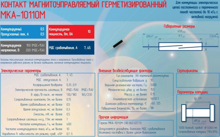 Геркон замыкающий 2 контакта, 100в, 0.5а, 10мм, МКА-10110M