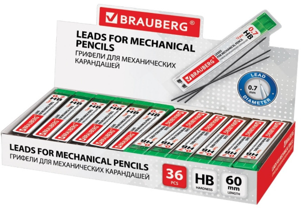 Грифель 0,7мм. BRAUBERG "HI-Polymer" HВ (180446)
