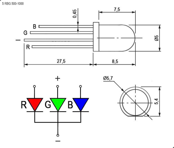 Светодиод круглый  5мм, RGB, 2.1/3.2/3.2в, 500..1000мкд, LED 5013RGBC-A