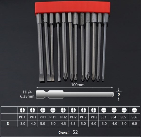 Биты набор PH+SL, 12штук, l=100мм, S2, HRC60, под 1/4HEX, PH1.. PH2 SL3..SL6