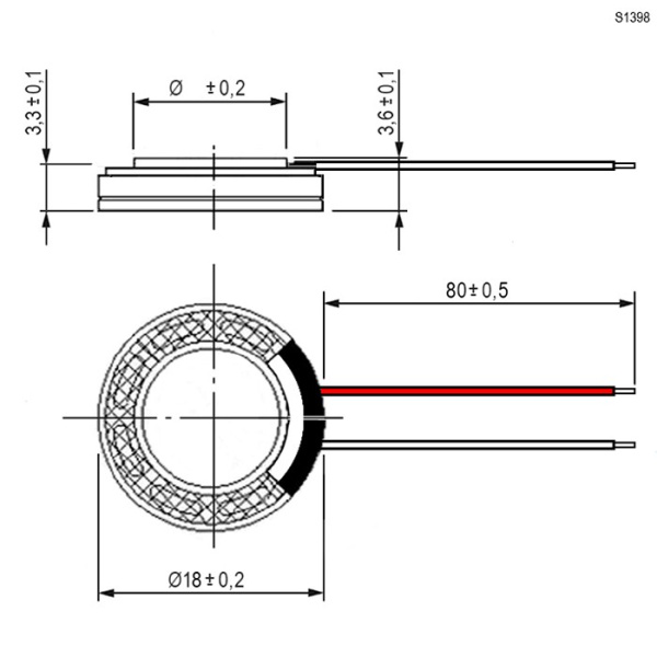 Динамик круглый,  d13мм, 8ом, 1вт, с проводами, S1398
