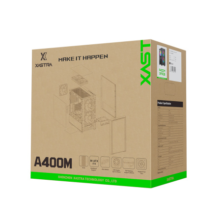 Корпус mATX Б_БП XASTRA A400M 3FRGB Black (USB3.0,Audio,TG,черный,Mesh,2х140мм+1х120мм FRGB,CPU Cooler до 175мм, VGA до 305мм)[A400M-2FC14F-1FC12F]