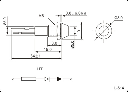 Лампа индикаторная L-614-R, 220в, красная, светодиодная LED, 8мм, М6