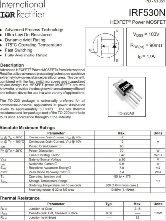транзистор FET IRF530N Infineon 100V 17A N-Ch 0.09ohm TO220