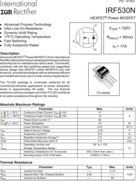 транзистор FET IRF530N Infineon 100V 17A N-Ch 0.09ohm TO220