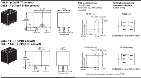 Реле электромагнитное DC  5в, 10а, SPDT, 22.5*16.5*19мм, Omron G5LE-1 5VDC