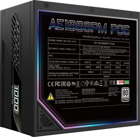 Блок питания 1000Вт Gigabyte AORUS AE1000PM PG5 (PCIe Gen 5.1, ATX 3.0,APFC,120мм,6PCI-E,12VHPWR,8SATA,80+Platinum,модульный)
