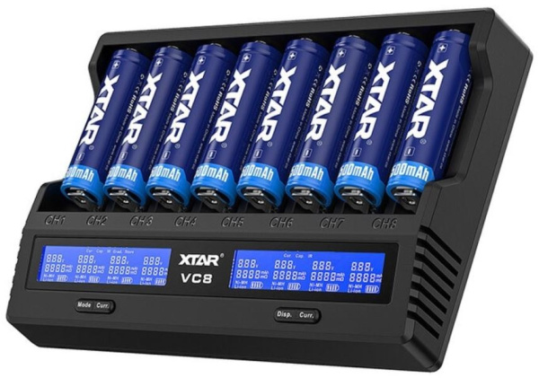 Зарядное устройство Xtar VC8, Li-ion/LiFePO4/NiMh/NiCd, 8слотов, 10440..21700, USB шнур, QC3.0
