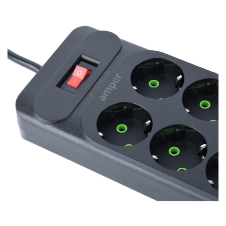 Сетевой удлинитель  2.0м, 6 розеток Amper, JH-1076U-2B, 10А, 2500Вт, 4usb, 2Type-C черный