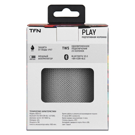 Портативная колонка TFN TWS Play Bluetooth 1x5Вт 1800mAh серый