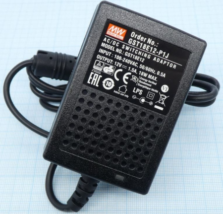 Блок питания сетевой, 12в, 1.5а, 18вт, 5.5*2.1мм (+), сетевая вилка, Mean Well GST18E12-P1J