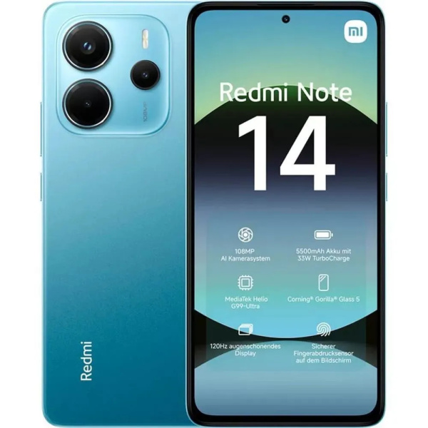 Смартфон Xiaomi Redmi Note 14 8Гб 128Гб Ocean Blue 6.67", AMOLED, 2400*1080, 2*2.2+6*2.0ГГц 108+8+2Мп, 20Мп, 4G, NFC, 5500 мАч, And 14